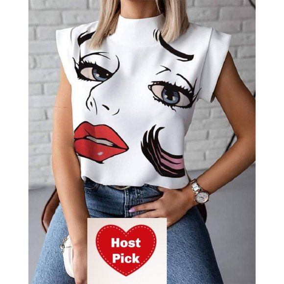 Tops - Printed Top - High Neck Top - Graphic Tee - Elegant top
